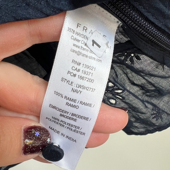 Frame Denim Sheer Ramie Eyelet Navy Blue Flutter Sleeve Boho Mock Neck Top - Picture 5 of 9